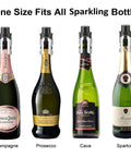 Four bottles of champagne, prosecco, cava, and sparkling wine with 2 Pack Champagne Stoppers With Built In Vacuum Pump Black Keeps Bubbles Fresh To The Last Drop And Keeps It Fizzy With A Game Changing Pump Piston System For A Tight Seal And Leak Proof Sparkling Wine Saver on top