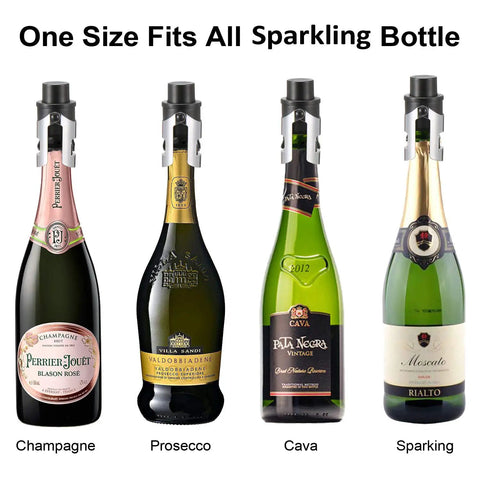 Four bottles of champagne, prosecco, cava, and sparkling wine with 2 Pack Champagne Stoppers With Built In Vacuum Pump Black Keeps Bubbles Fresh To The Last Drop And Keeps It Fizzy With A Game Changing Pump Piston System For A Tight Seal And Leak Proof Sparkling Wine Saver on top