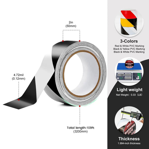 Built Tough Industrial Caution Tape For Warehouse Floors That Crush Resists Forklifts And Waterproof Construction While Delivering Long Haul Safety Strips For Factories And Parking Lots Daily, 2 inch wide, 108 feet long, black and white PVC tape.