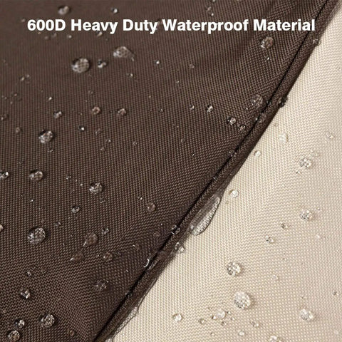 Close-up of 600D heavy-duty waterproof material on the Waterproof Patio Chaise Lounge Cover Set, 2 pack in beige and brown.