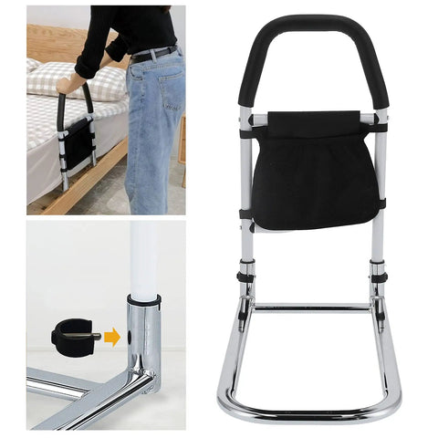 Easy-Setup Bed Rail For Seniors And Pregnant Adults, No-Fuss Heavy-Duty Carbon Steel Bed Assist Bar With Anti-Slip Foam Handles shown in use and detail