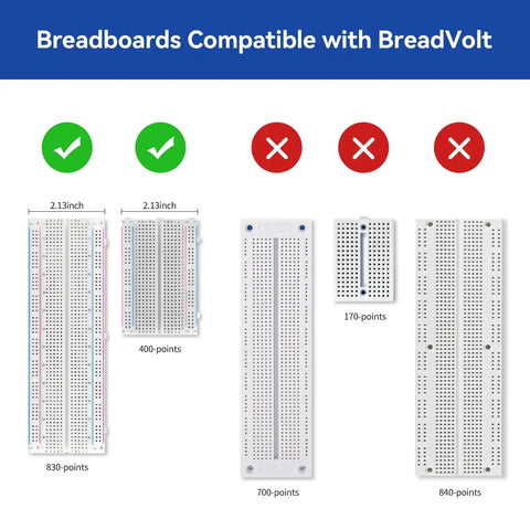 Breadboards compatible with BreadVolt, showing 830-point, 400-point models accepted, 170-point model not accepted.