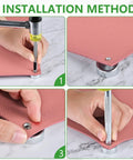 Step-by-step use of Eleven Piece Leather Craft Pro Grade Punch Tool Kit with Snap Fastener Setter and Rivet Die Set on pink leather