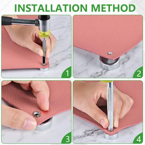 Step-by-step use of Eleven Piece Leather Craft Pro Grade Punch Tool Kit with Snap Fastener Setter and Rivet Die Set on pink leather