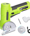 Upgraded Cordless Electric Scissors With Wider Opening And Large 1.84 Inch Tungsten Blade For Heavy Duty Cardboard Cutting showing green handle and components.