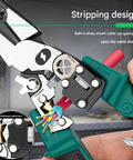 Heavy Duty Multifunction Wire Stripper And Electrical Crimper With Voltage Meter Rustproof Steel Frame Ergonomic Rubber Handles cutting wire with sharp blade.
