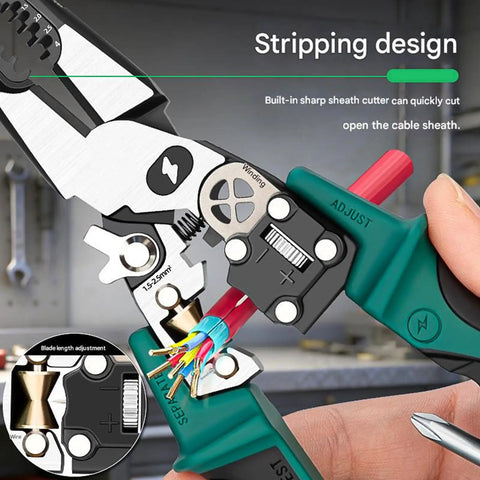 Heavy Duty Multifunction Wire Stripper And Electrical Crimper With Voltage Meter Rustproof Steel Frame Ergonomic Rubber Handles cutting wire with sharp blade.