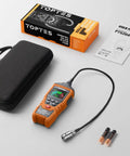 Straightup Solid Natural Gas Detector Featuring 17 Inch Flexible Gooseneck Probe with case and batteries on grey background.
