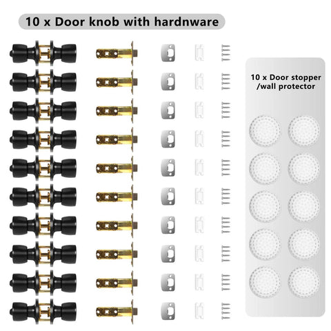 10 Pack Matte Black Privacy Door Knob Set With Keyless Round Locks, Interior Door Locksets, screws, strike plates, door stoppers