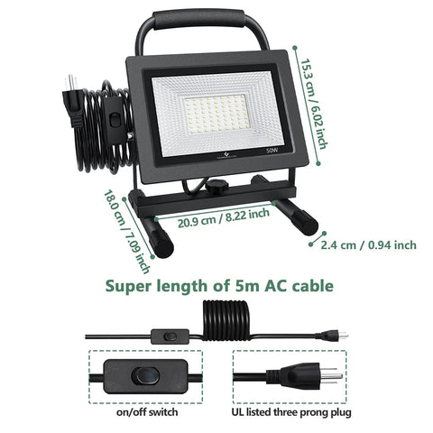 Beast Bright 50W LED Work Light With 5000LM Output, 400W Equivalent Flood Light, IP66 Waterproof, 16Ft Cord With Plug shown