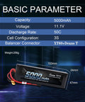 Basic parameters of 5000mAh 11.1V 3S 50C LiPo Battery Pack with XT60 and T Plug for RC cars and trucks.