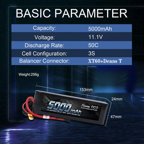 Basic parameters of 5000mAh 11.1V 3S 50C LiPo Battery Pack with XT60 and T Plug for RC cars and trucks.