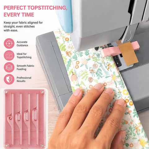 Seam Guide For Sewing Machine, Universal Quilting Accessory And Fabric Alignment Tool in use with floral fabric on sewing machine.
