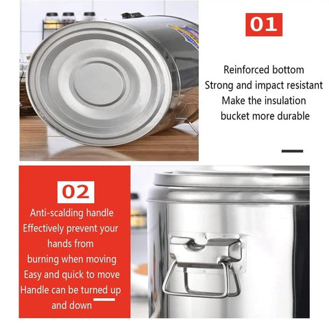 Heavy Duty 100 Liter Insulated Beverage Dispenser Barrel Built Like A Tank With 304 Stainless Steel Body showing reinforced bottom and handle.