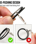 Demonstration of Ultralight Titanium Flat Key Rings Set With Side Pushing Split Rings, shown preventing nail damage.