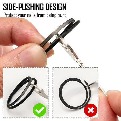 Demonstration of Ultralight Titanium Flat Key Rings Set With Side Pushing Split Rings, shown preventing nail damage.