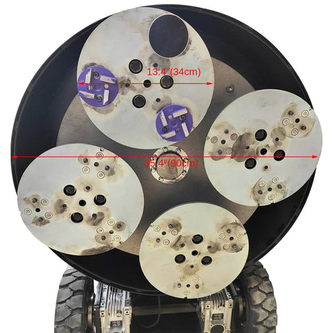 Electric Concrete Floor Grinder With 3.9 Inch Planetary 12 Head Grinding System, showing grinding discs underside, Epoxy Terrazzo