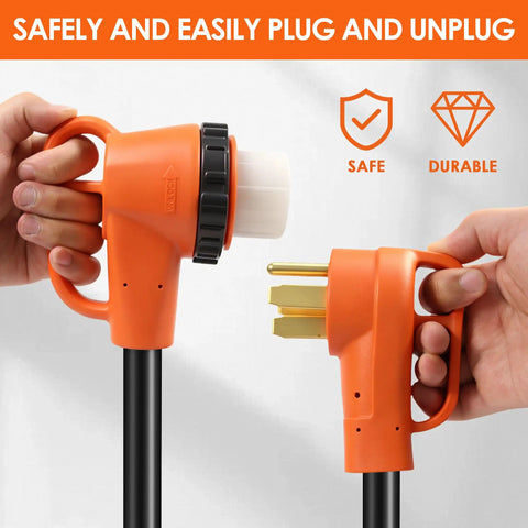 50 Amp RV Power Cord 15 Ft 14-50P To SS2-50R Heavy Duty Generator Extension Cable For Campground Hookups 6/3 And 8/1 Gauge STW Copper With PVC Jacket Weather Resistant, orange plug ends