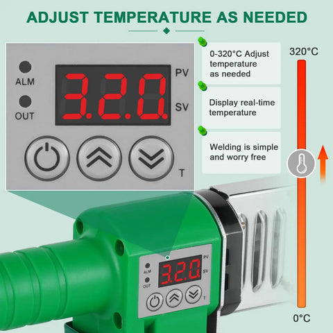 110V Plastic Pipe Welder with Interchangeable Die Heads showing temperature control at 320°C for PPR PP PE PVC fusion