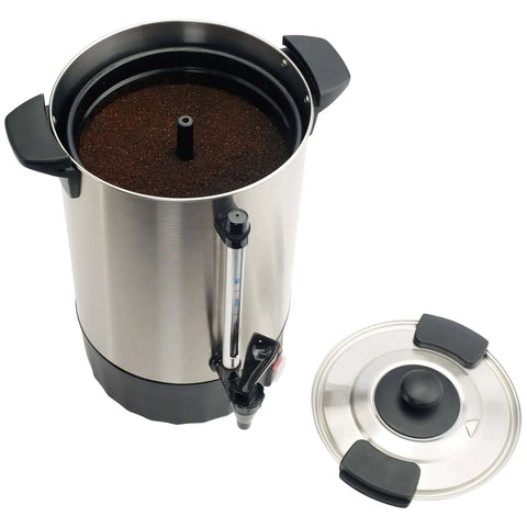 3 Gallon Coffee Urn and Percolator for Commercial Use, 110V Hot Beverage Server, open with lid beside, stainless steel