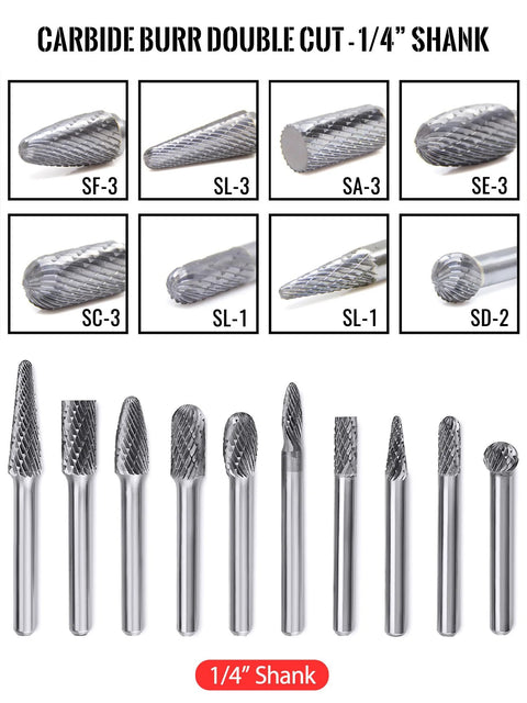 10-piece tungsten carbide burr set with 1/4 in shank; double-cut die grinder bits for metal deburring and finishing