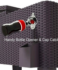 Close-up of the bottle opener and cap catcher on the 80 Quart Rattan Rolling Cooler Cart For Outdoor Patio Parties On Wheels