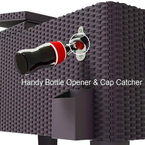 Close-up of the bottle opener and cap catcher on the 80 Quart Rattan Rolling Cooler Cart For Outdoor Patio Parties On Wheels