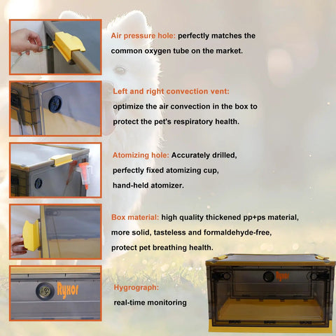 Features of the All-In-One Pet Oxygen Chamber And ICU Nest For Cats, Dogs, And Small Exotic Pets, Portable Atomization Box And Incubator.