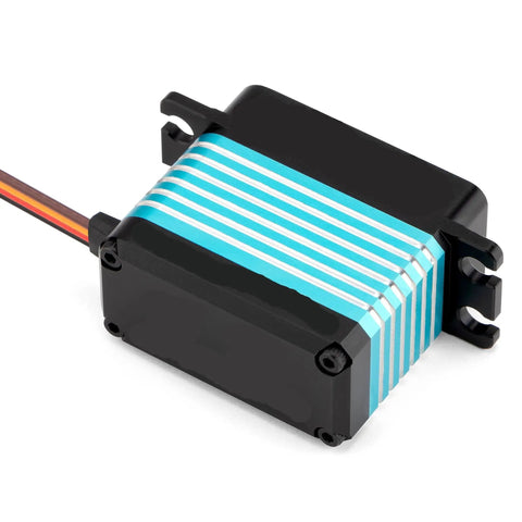 Badass 8.4V Brushless TTL Servo Motor with sleek blue and black design, showcasing waterproof CNC machined steel gear housing.