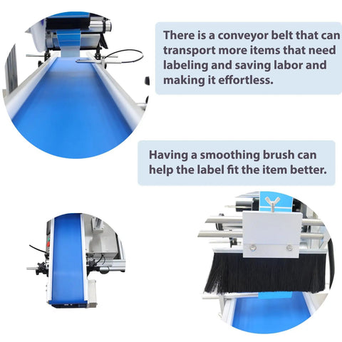 Close-up of Straight Up Real Deal Fully Automatic Labeling Machine For Flat Surfaces with conveyor belt and smoothing brush.