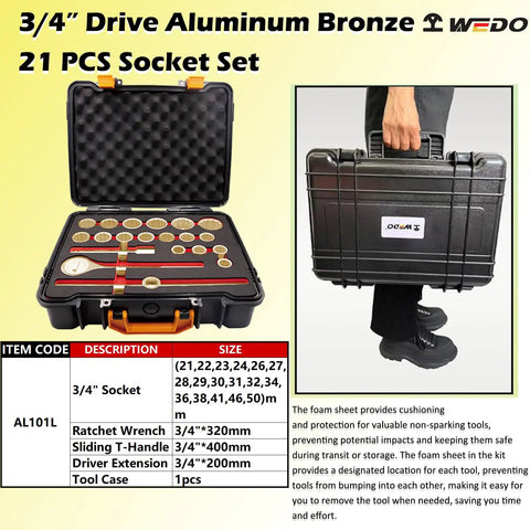 Non-Sparking 21 Piece Tool Set With 17 Metric Sockets Three-Quarters Inch Drive Ratchet Wrench Sliding T-Handle Extension Aluminum Bronze Die Forged Corrosion Resistant DIN Standard Built Tough For Hazardous Areas in black case