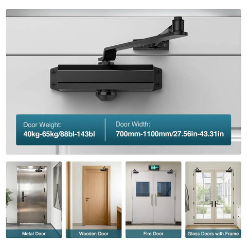 Automatic Door Closer For Home And Light Commercial Use, Adjustable Closing Speed, Black finish on door