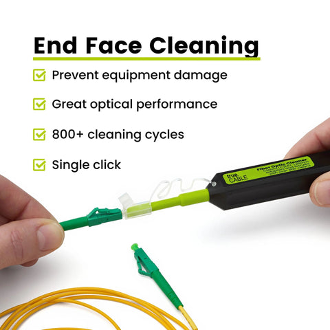 True Cable fiber optic dual-position pen cleaner for LC/MU connectors; black body with lime-green accents