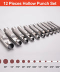 12 Piece Hollow Leather Punch Set Made Of Steel, Heavy Duty Round Hole Punch Kit With Size Range 1/8 To 3/4 Inch displayed in a row