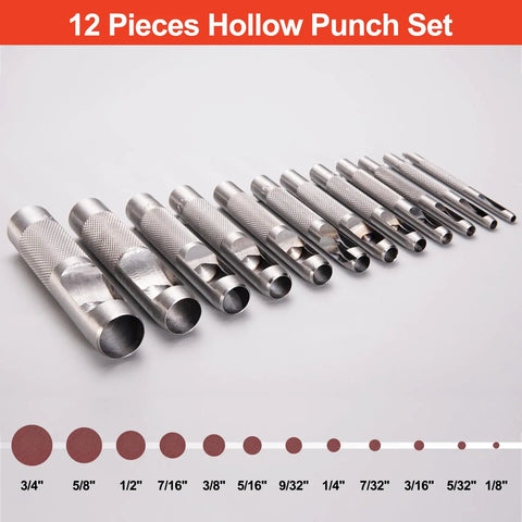 12 Piece Hollow Leather Punch Set Made Of Steel, Heavy Duty Round Hole Punch Kit With Size Range 1/8 To 3/4 Inch displayed in a row