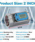 2 Inch Digital Turbine Flow Meter With LCD Display, showing NPT thread and dimensions, for Diesel Gasoline Water, 15.8-132 GPM