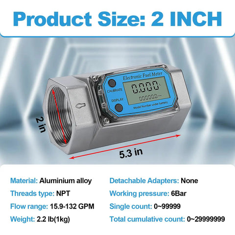 2 Inch Digital Turbine Flow Meter With LCD Display, showing NPT thread and dimensions, for Diesel Gasoline Water, 15.8-132 GPM
