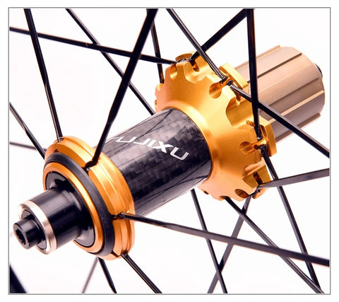 700c Road Wheelset Dope Lightweight Aluminum Rim 40mm With Carbon Hub, Quick Release, V Brake Compatible, gold finish close-up