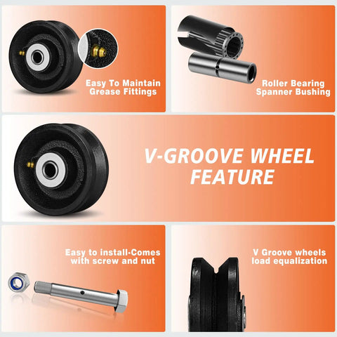 Heavy Duty Cast Iron V Groove Roller Wheels Rock Solid Industrial Casters With Precision Ball Bearings 2400 Lbs Load Capacity For Sliding Gates And Overhead Track Rails Smooth Glide Black 4 Pack showing grease fittings and installation features.