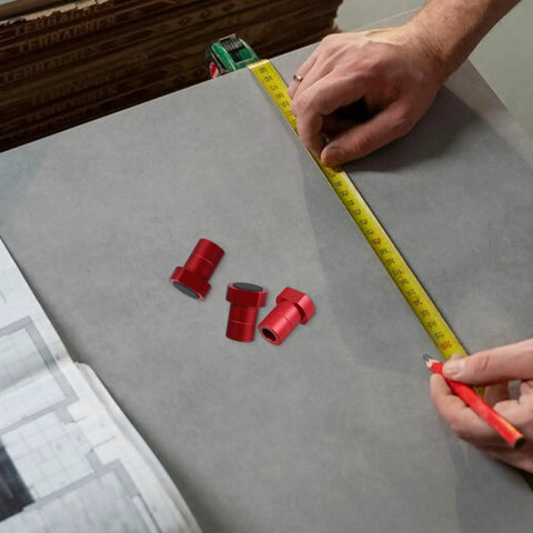 Eight Pack Planing Plugs For Woodworking With Nonslip Surface And Beefy Aluminum Alloy Build on workbench with measuring tape