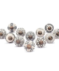 Vintage Style Off White Ceramic Cabinet Knobs And Handmade Drawer Pull Handles Featuring Glossy Antique Texture on a set of 12.