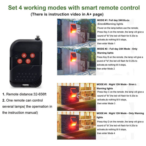 Diagram showing Solar Outdoor Motion Alarm With 129dB Siren, 4 Mode Strobe Light, and remote control for security setup