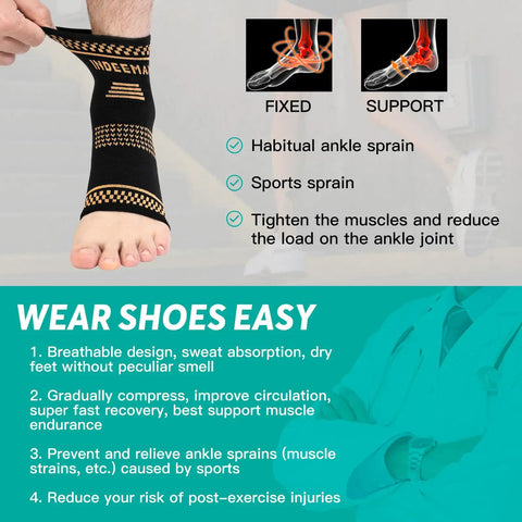 Person wearing Copper Infused Ankle Brace for Women and Men Breathable Ankle Support Sleeve for Plantar Fasciitis and Sprained Ankles Great for Running Football Day or Night Use Moisture Wicking and Odor Control Size M