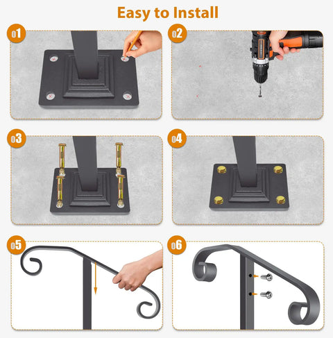 Sturdy Outdoor Stair Rail Handrail, 38.8 Inch High, Single Post Mount, Easy Install steps shown on concrete base