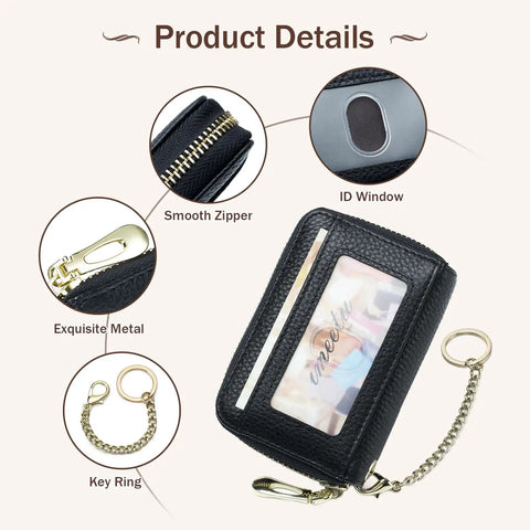 RFID Blocking Leather Card Holder with Detachable Keychain Slim Wallet for Men and Women, Pro Black, Detail Features and ID Window