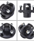 Front view of trailer hub kit with BT8 spindle, black steel, four studs and nuts.
Side view of black trailer hub flange with four studs and mounted spindle.
Top view of trailer hub showing central bore and four studs.
Angled view of trailer hub kit featuring BT8 spindle and four studs.