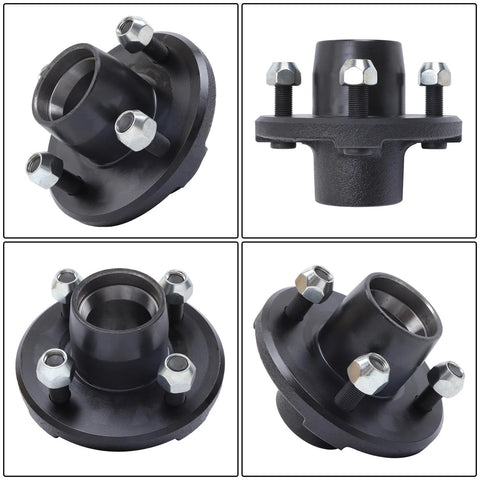 Front view of trailer hub kit with BT8 spindle, black steel, four studs and nuts.
Side view of black trailer hub flange with four studs and mounted spindle.
Top view of trailer hub showing central bore and four studs.
Angled view of trailer hub kit featuring BT8 spindle and four studs.