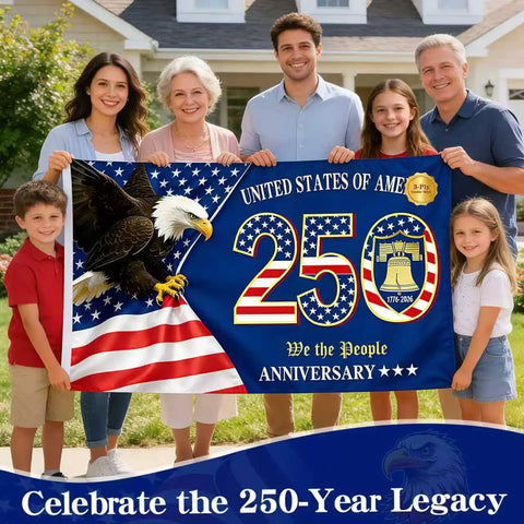Family holding All American 250th Anniversary US Flag 3x5 Ft Double Sided Heavy Duty 3 Layer Semiquincentennial Banner 1776 2026