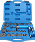 Open blue case of Pneumatic Brake Caliper Piston Wind Back Tool Kit With 22 Adapters, Heavy Duty Caliper Compression Spreader
