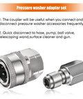 Two chrome-plated 1/4-inch NPT pressure washer quick-connect fittings, male and female.